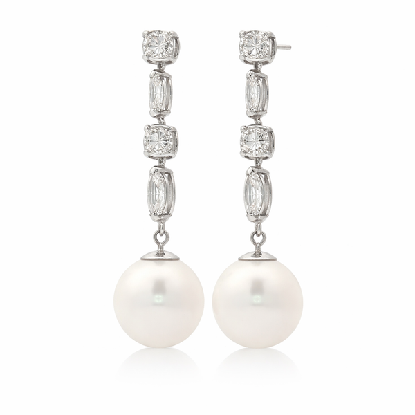 14K White Gold Diamond & Pearl Drop Earrings with Round and Marquise Diamonds | Elegant Dangle Design - LA DIAMOND