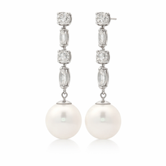 14K White Gold Diamond & Pearl Drop Earrings with Round and Marquise Diamonds | Elegant Dangle Design