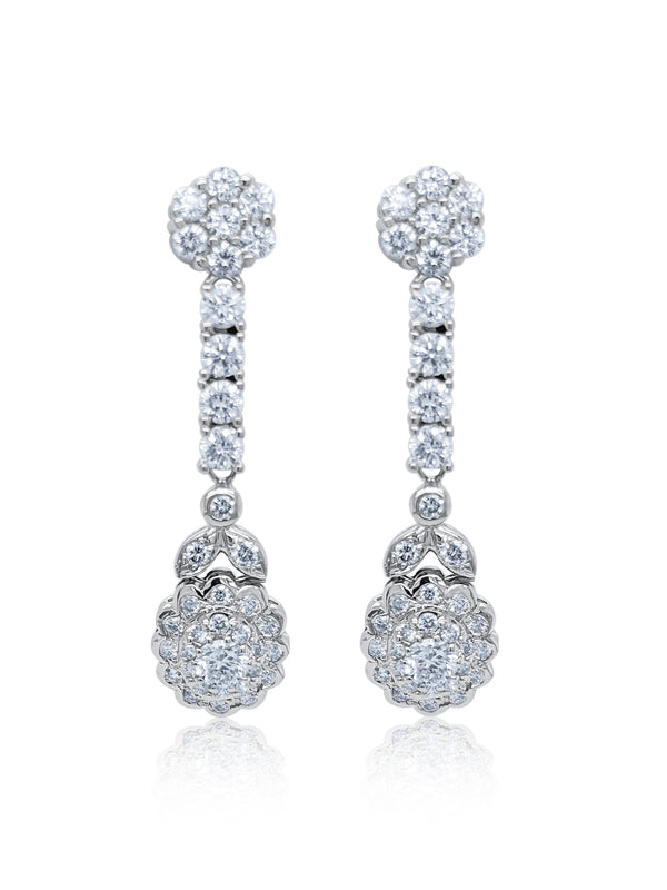 14K White Gold Floral Cluster Diamond Dangle Earrings (4.20 ct) - LA DIAMOND