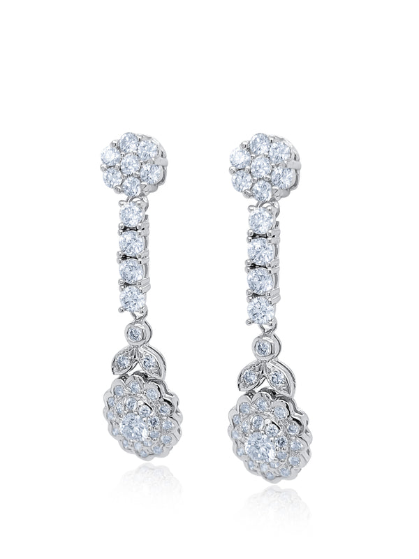 14K White Gold Floral Cluster Diamond Dangle Earrings (4.20 ct) - LA DIAMOND