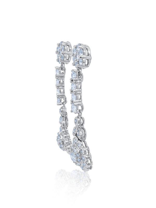 14K White Gold Floral Cluster Diamond Dangle Earrings (4.20 ct) - LA DIAMOND
