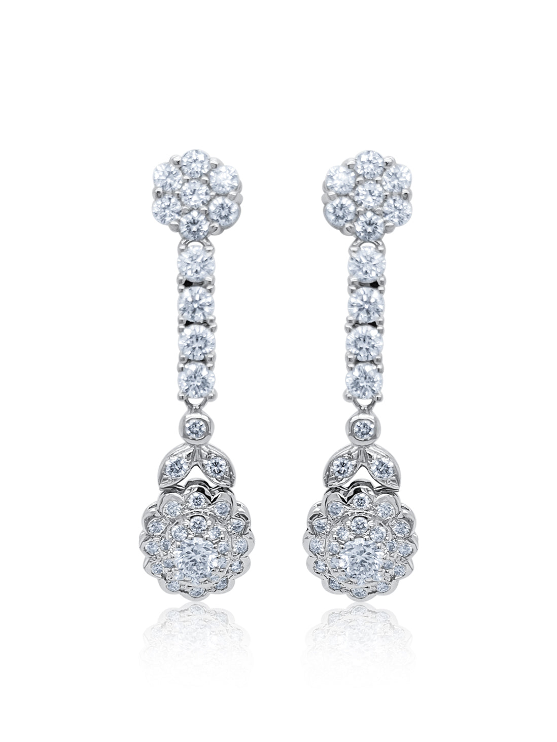 14K White Gold Floral Cluster Diamond Dangle Earrings (4.20 ct)