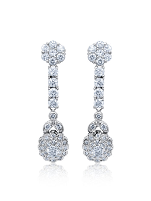 14K White Gold Round Diamond Cluster Drop Earrings (2.05 ct) - LA DIAMOND
