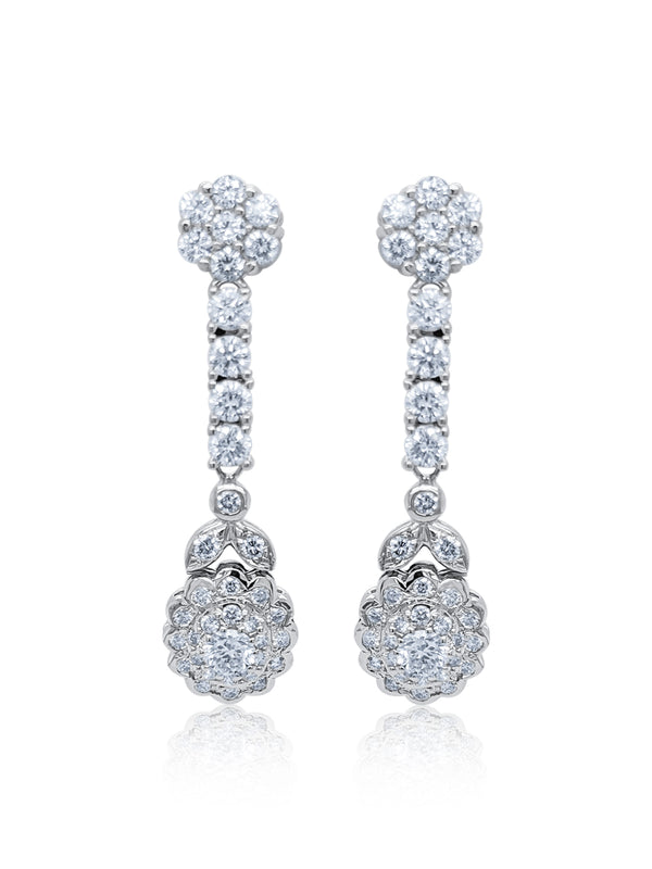 14K White Gold Round Diamond Cluster Drop Earrings (2.05 ct) - LA DIAMOND