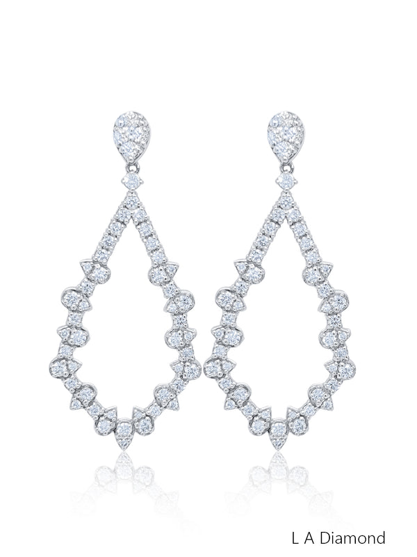 14K White Gold Ornate Floral Cascade Diamond Dangle Earrings (6.50 ct) - LA DIAMOND