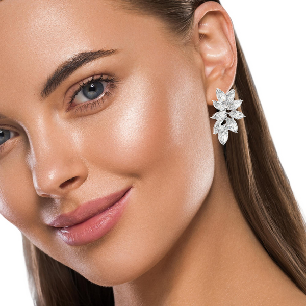 14K White Gold Diamond Marquise Cut Floral Stud Earring 6.52c - LA DIAMOND
