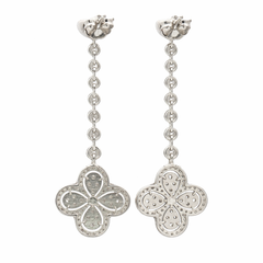 14K White Gold Diamond Long Drop Earrings | 2.95 CT Diamond Floral Dangle Design