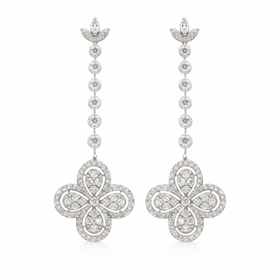 14K White Gold Diamond Long Drop Earrings | 2.95 CT Diamond Floral Dangle Design