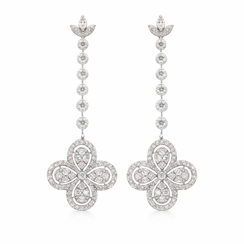 14K White Gold Diamond Long Drop Earrings | 2.95 CT Diamond Floral Dangle Design - LA DIAMOND