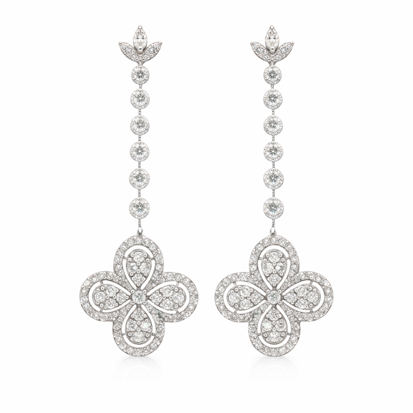 14K White Gold Diamond Long Drop Earrings | 2.95 CT Diamond Floral Dangle Design - LA DIAMOND