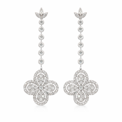 14K White Gold Diamond Long Drop Earrings | 2.95 CT Diamond Floral Dangle Design