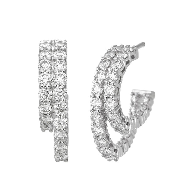 14K White Gold Double-Row Pave Diamond Hoop Earrings (3.50 ct) - LA DIAMOND