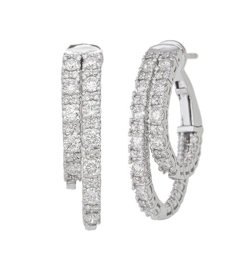 14K White Gold Double-Row Pave Diamond Hoop Earrings (3.50 ct) - LA DIAMOND