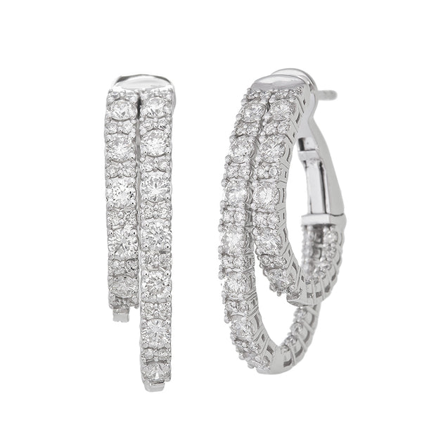 14K White Gold Double-Row Pave Diamond Hoop Earrings (3.50 ct) - LA DIAMOND