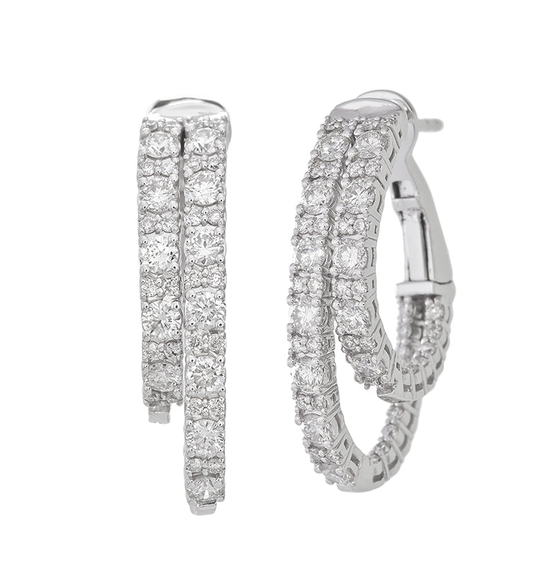 14K White Gold Double-Row Pave Diamond Hoop Earrings (3.50 ct)