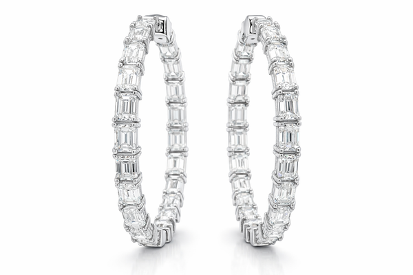 12.50 Carat Emerald Cut Lab Grown Diamond “In & Out” Hoop Earrings in 14K White or Yellow Gold - LA DIAMOND
