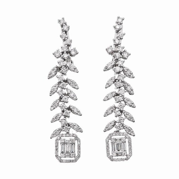 14k White Gold Diamond With Leaves J-Hoop Earrings 1.2 CT. T.W. - LA DIAMOND