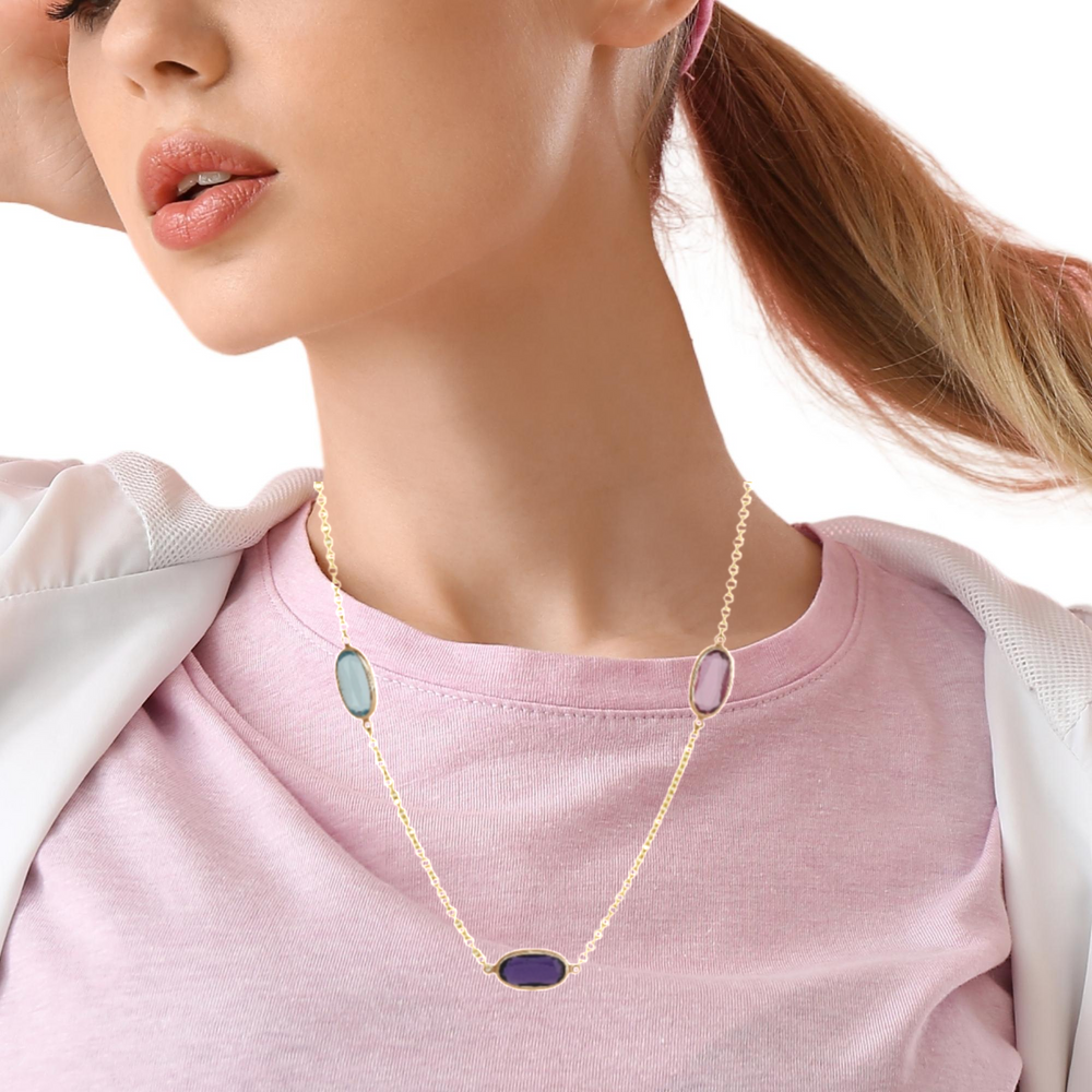 Sideways Oval Multi-Color Sapphire Solitaire Necklace in 14K Yellow Gold - LA DIAMOND
