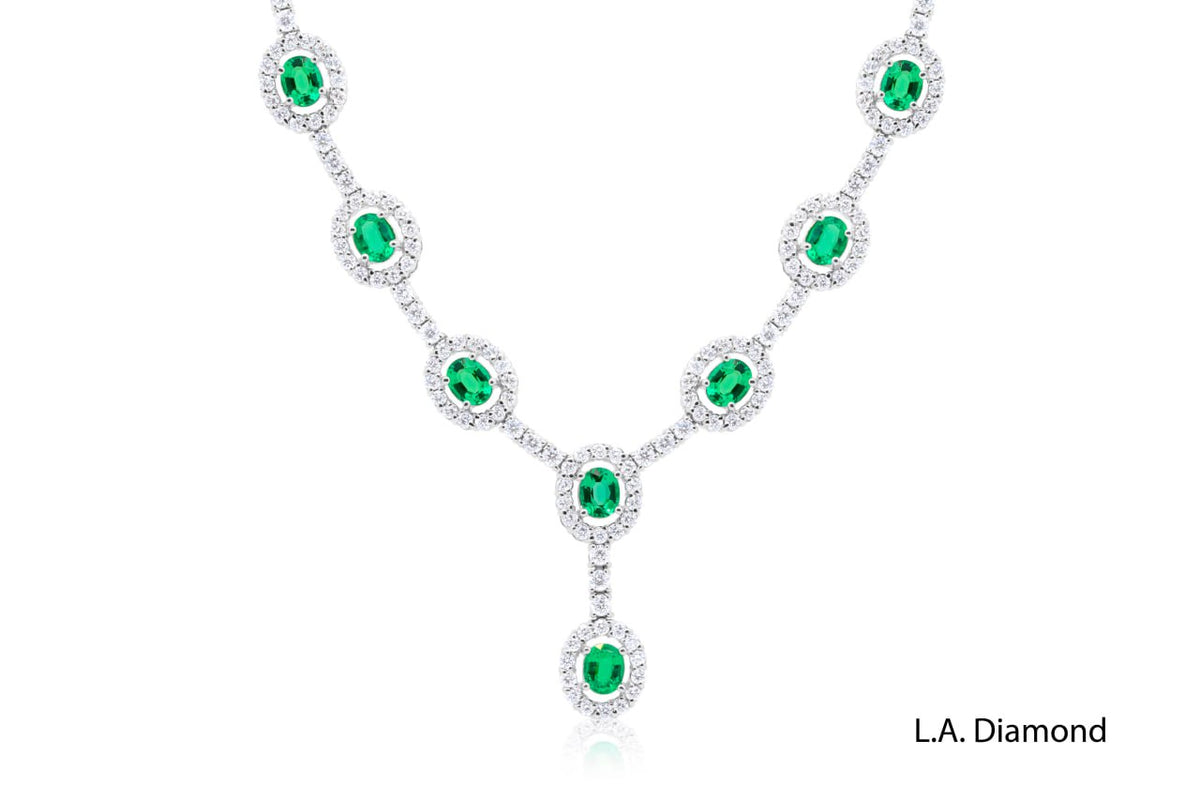 18K White Gold Diamond  and Emerald  Necklace