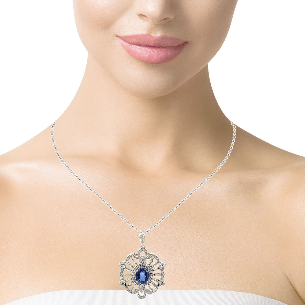 18k White Gold Diamond With Blue Sapphire Center Stone Round Cut Pendant