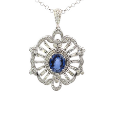 18k White Gold Diamond With Blue Sapphire Center Stone Round Cut Pendant