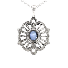 18k White Gold Diamond With Blue Sapphire Center Stone Round Cut Pendant