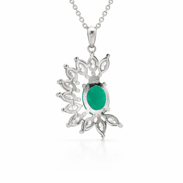 14K White Gold Emerald & Marquise Diamond Halo Pendant Necklace | 2.55 CT Emerald, 1.87 CT Diamonds - LA DIAMOND