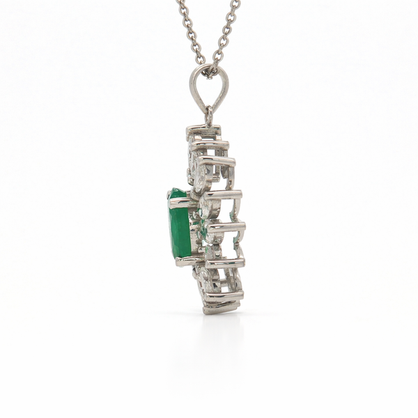 14K White Gold Emerald & Marquise Diamond Halo Pendant Necklace | 2.55 CT Emerald, 1.87 CT Diamonds - LA DIAMOND