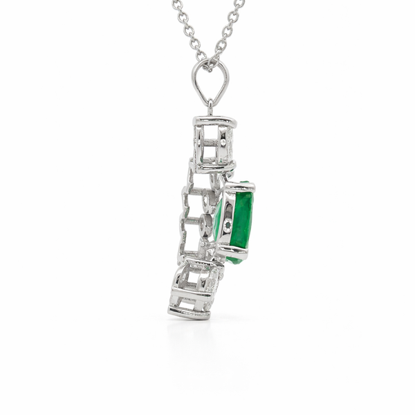 14K White Gold Emerald & Marquise Diamond Halo Pendant Necklace | 2.55 CT Emerald, 1.87 CT Diamonds - LA DIAMOND