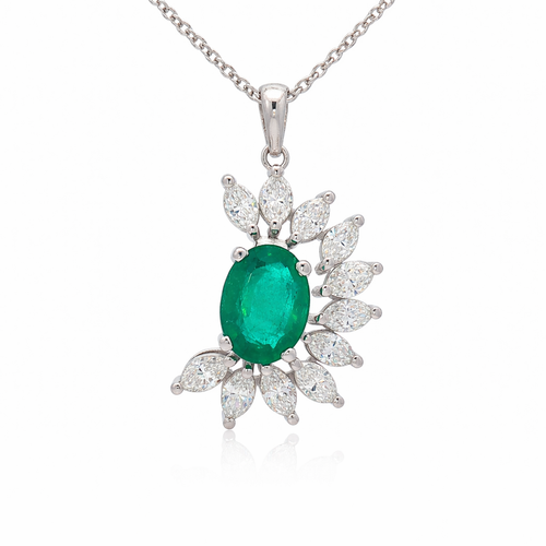 14K White Gold Emerald & Marquise Diamond Halo Pendant Necklace | 2.55 CT Emerald, 1.87 CT Diamonds - LA DIAMOND