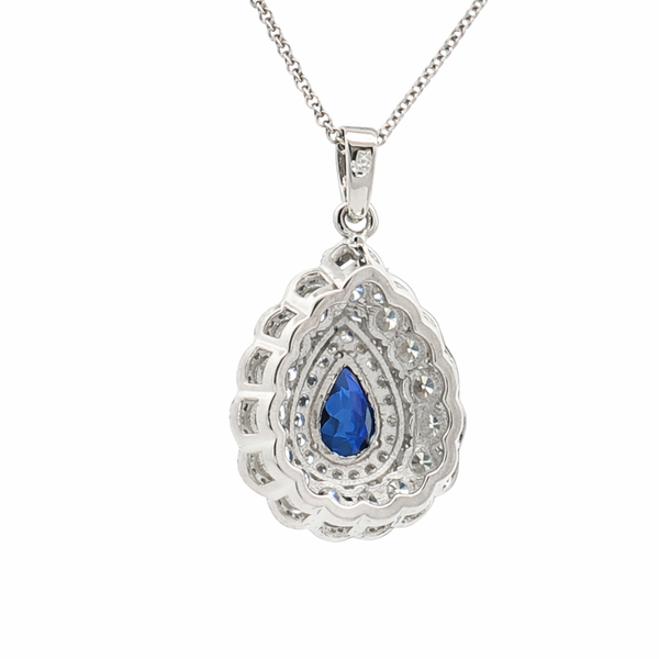 Pear Shape Blue Sapphire & Diamond Halo Pendant Necklace | Elegant Pear Drop Design - LA DIAMOND