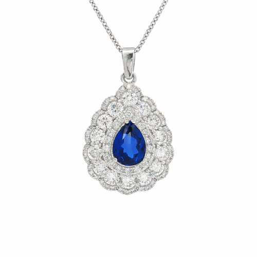 Pear Shape Blue Sapphire & Diamond Halo Pendant Necklace | Elegant Pear Drop Design - LA DIAMOND