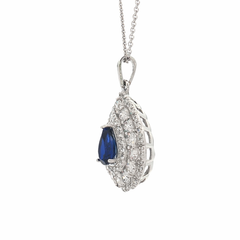 Pear Shape Blue Sapphire & Diamond Halo Pendant Necklace | Elegant Pear Drop Design