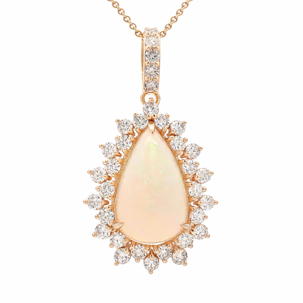 Elegant 14K Yellow Gold Opal & Diamond Pear Halo Pendant Necklace | 15.08 CT Opal, 5.30 CT Diamonds