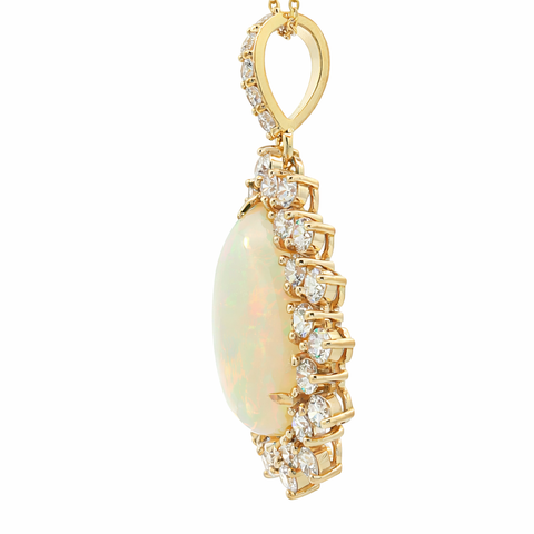 Elegant 14K Yellow Gold Opal & Diamond Pear Halo Pendant Necklace | 15.08 CT Opal, 5.30 CT Diamonds - LA DIAMOND