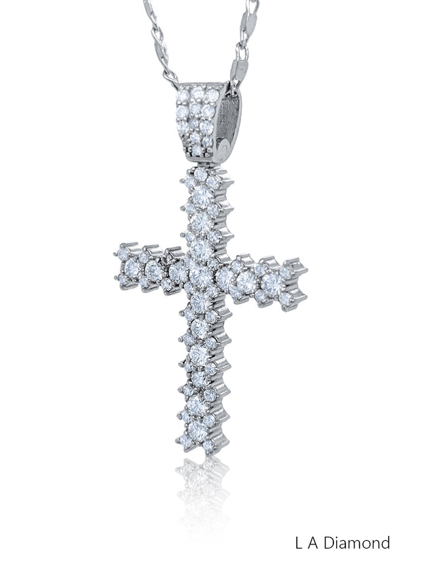 14K White Gold Diamond Cross Pendant Necklace (2.00 ct) - LA DIAMOND
