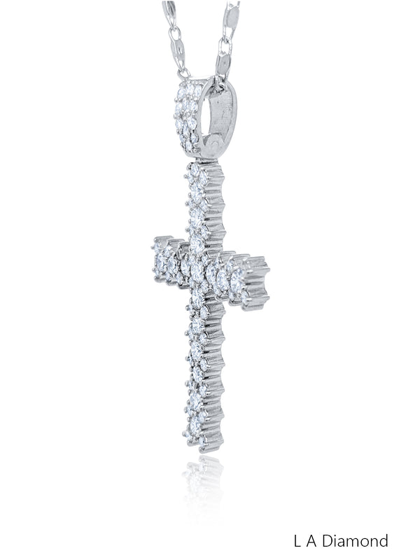14K White Gold Diamond Cross Pendant Necklace (2.00 ct) - LA DIAMOND