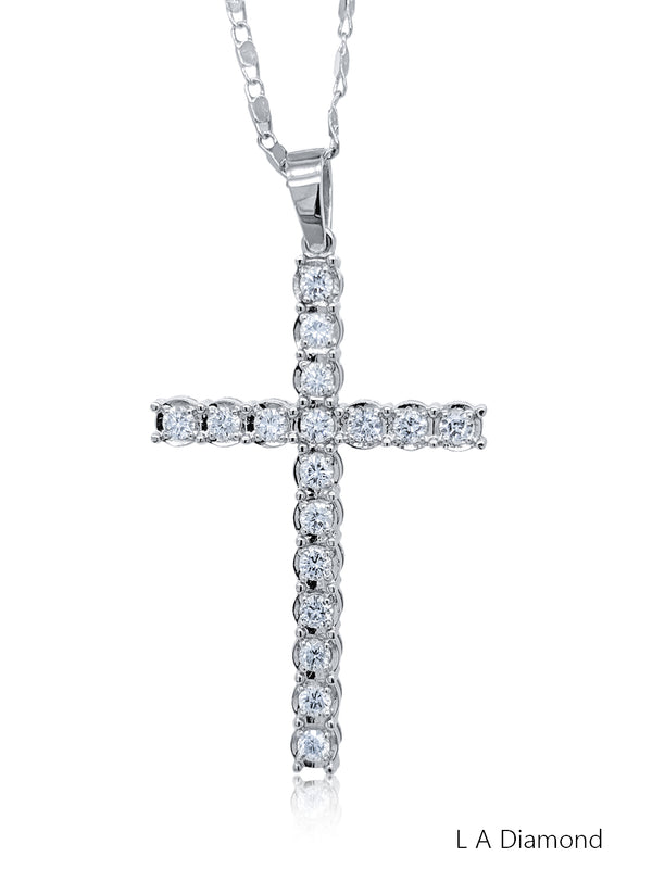 14K White Gold Round Cut Diamond Cross Pendant Necklace (4.50 ct) - LA DIAMOND