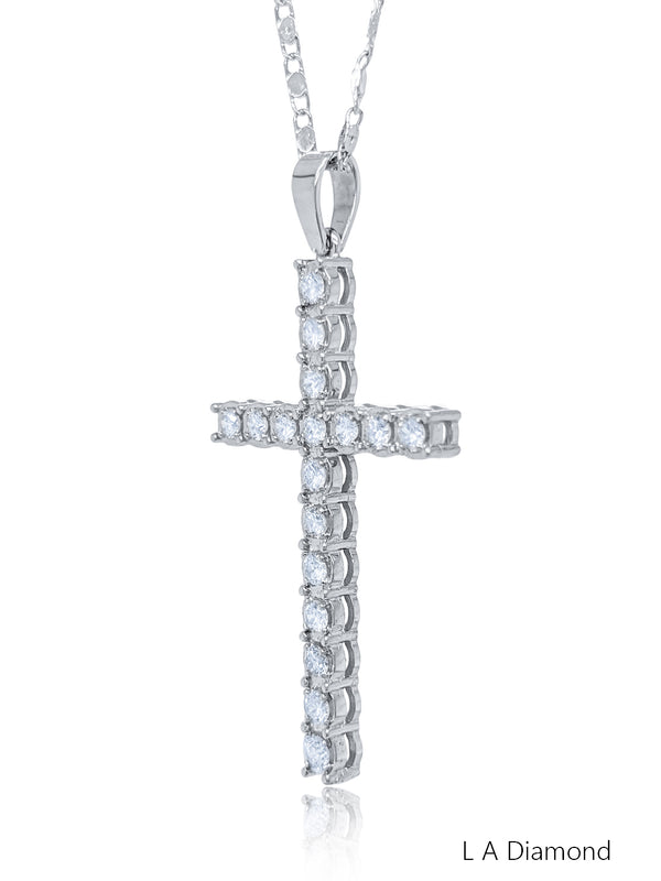 14K White Gold Round Cut Diamond Cross Pendant Necklace (4.50 ct) - LA DIAMOND