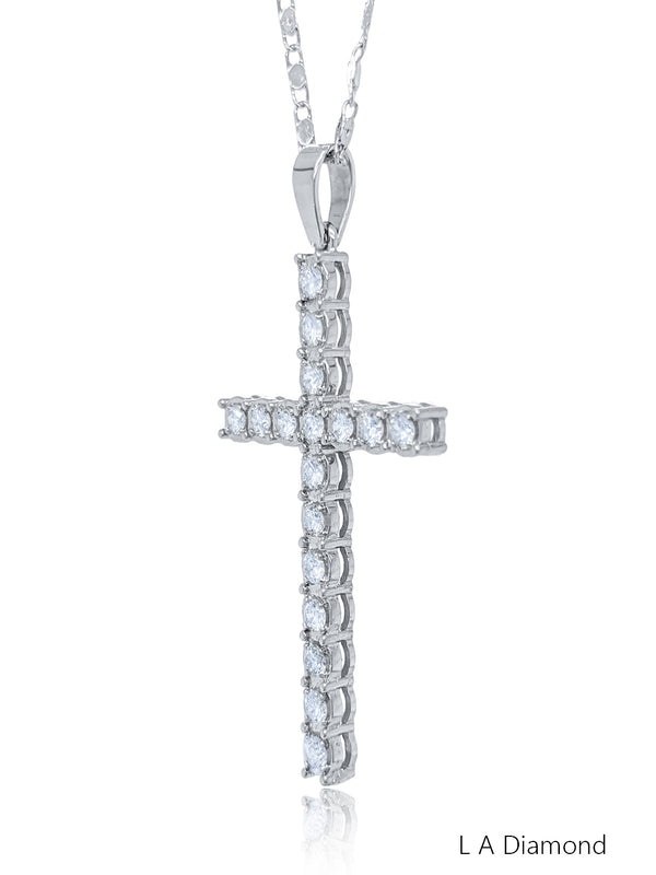 14K White Gold Round Cut Diamond Cross Pendant Necklace (4.50 ct) - LA DIAMOND