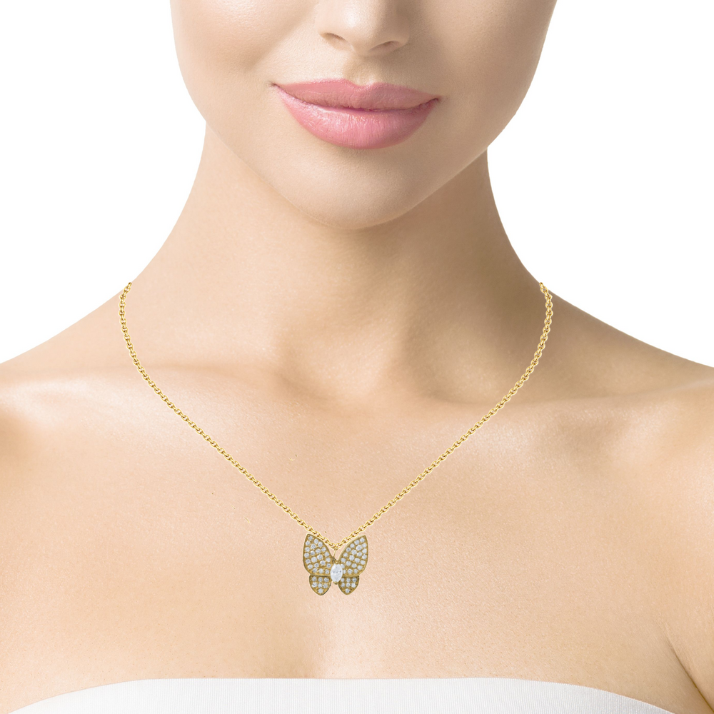 14K Yellow Gold Diamond Round Cut Butterfly Pendant With Chain 1.34c