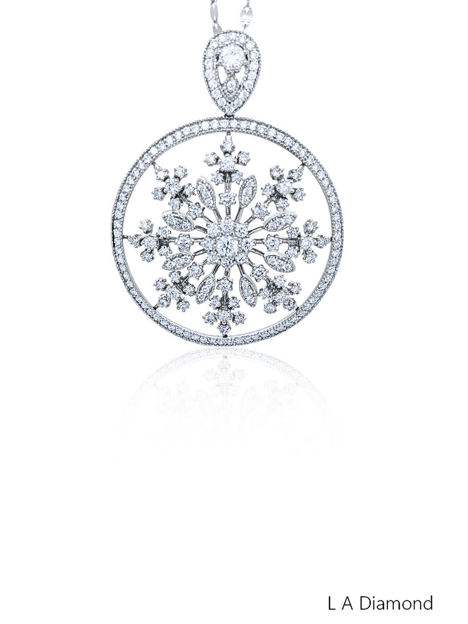 14k White Gold Diamond Marquise And Round Cut Snowflake Necklace Pendant 2.68c
