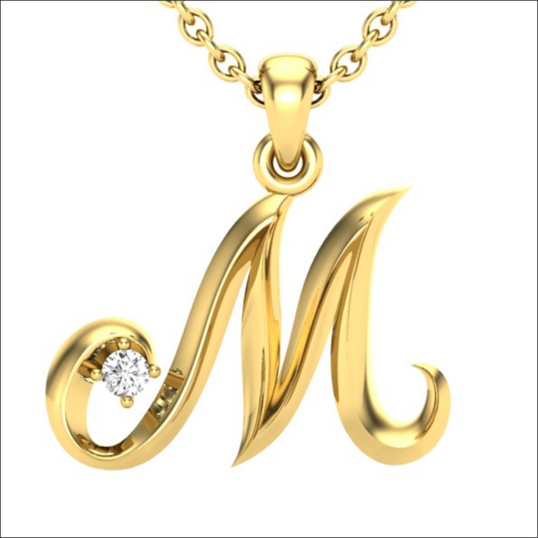 14K Yellow Gold Script Initial 'M' Diamond Pendant - LA DIAMOND