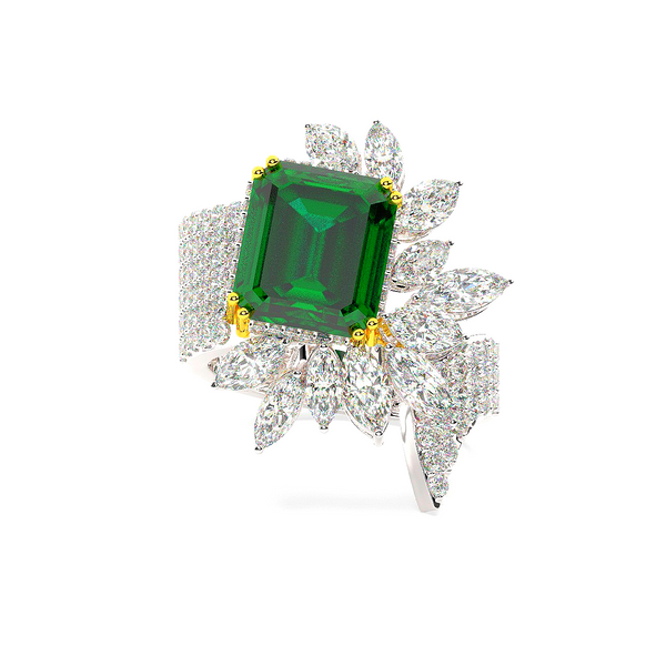 18K White Gold Diamond with Emerald-Cut Emerald Center Ring - LA DIAMOND