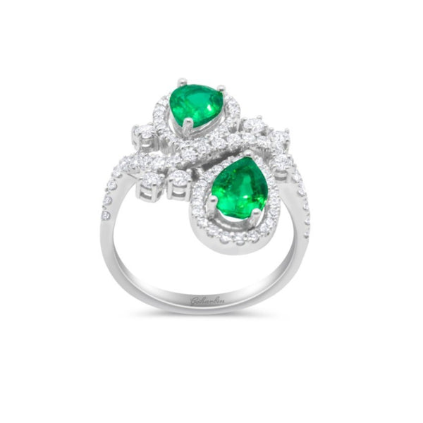 14K White Gold Emerald & Diamond Bypass Cocktail Ring (2.14 CTW)