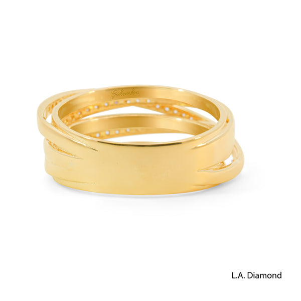 14k Yellow Gold Cross-Over Pavé Band Ring with Natural Diamonds - LA DIAMOND
