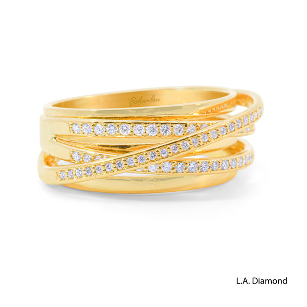 14k Yellow Gold Cross-Over Pavé Band Ring with Natural Diamonds - LA DIAMOND