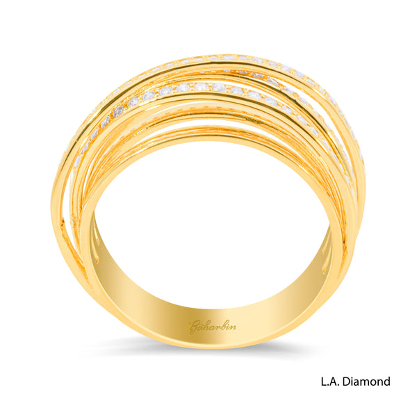 14k Yellow Gold Cross-Over Pavé Band Ring with Natural Diamonds - LA DIAMOND