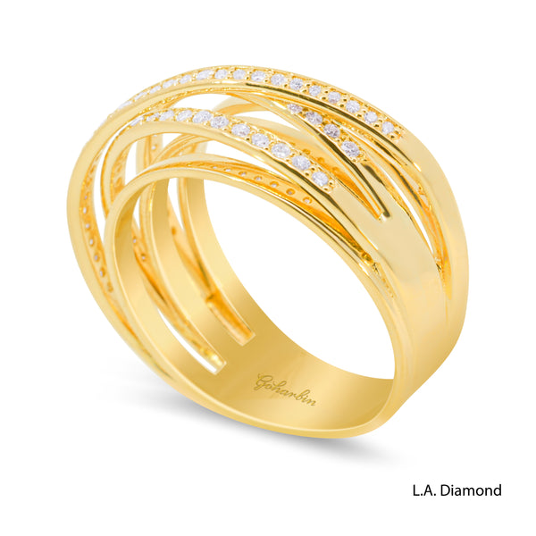 14k Yellow Gold Cross-Over Pavé Band Ring with Natural Diamonds - LA DIAMOND