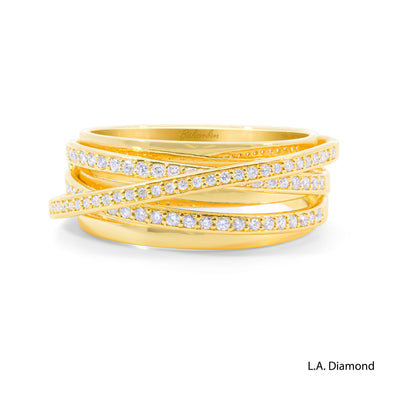 14k Yellow Gold Cross-Over Pavé Band Ring with Natural Diamonds